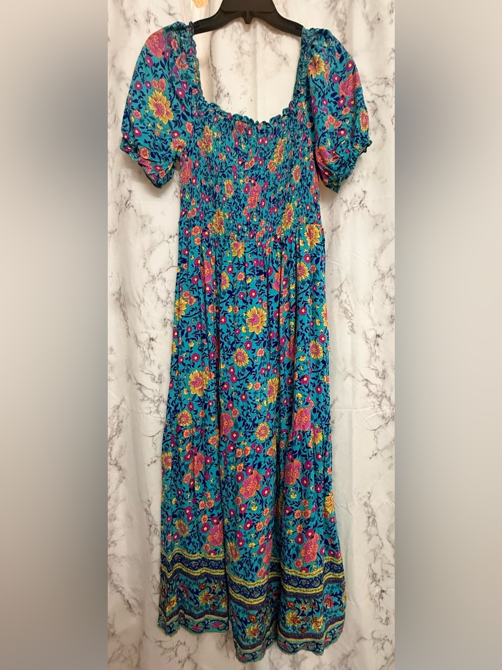 Blue Floral Smocked Maxi Dress with Pockets